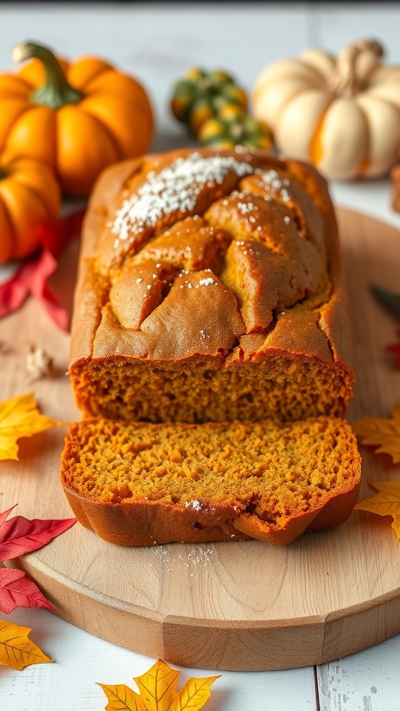 A loaf of golden brown pumpkin bread on a wooden board, decorated with powdered sugar and surrounded by pumpkins and leaves.